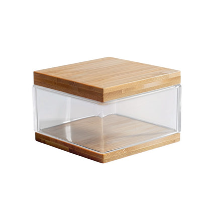 COMFOA Clear Acrylic Vanity Storage Box with Bamboo Lid - 2-Compartment Dustproof Holder for Cotton Swabs and Pads