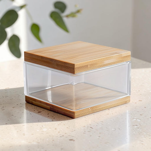 COMFOA Clear Acrylic Vanity Storage Box with Bamboo Lid - 2-Compartment Dustproof Holder for Cotton Swabs and Pads