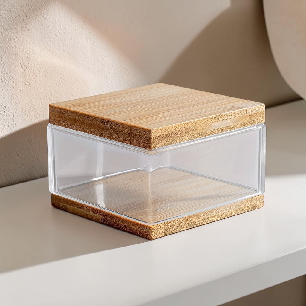 COMFOA Clear Acrylic Vanity Storage Box with Bamboo Lid - 2-Compartment Dustproof Holder for Cotton Swabs and Pads