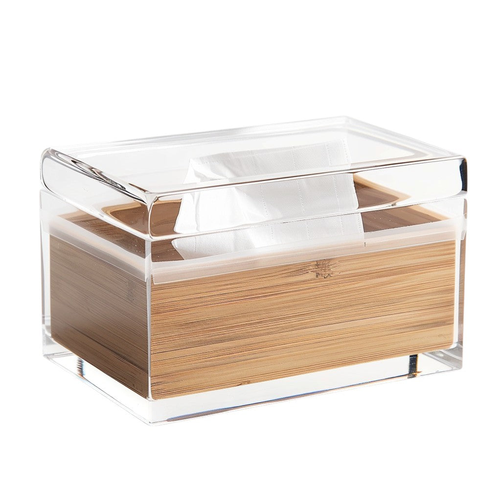 COMFOA Luxury Acrylic Tissue Box Cover with Integrated Bamboo Storage Pocket - Modern Rectangle Facial Dispenser