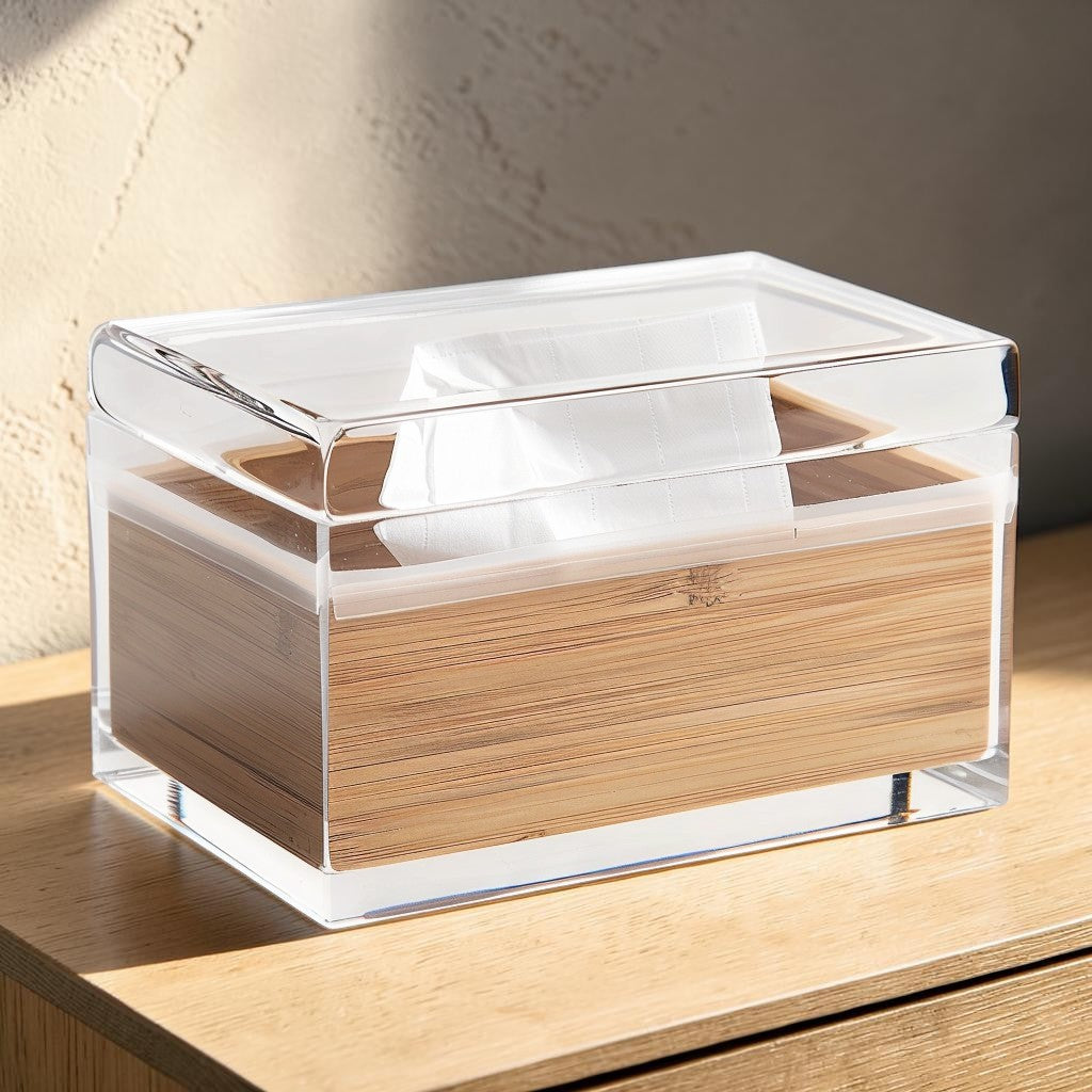 COMFOA Luxury Acrylic Tissue Box Cover with Integrated Bamboo Storage Pocket - Modern Rectangle Facial Dispenser