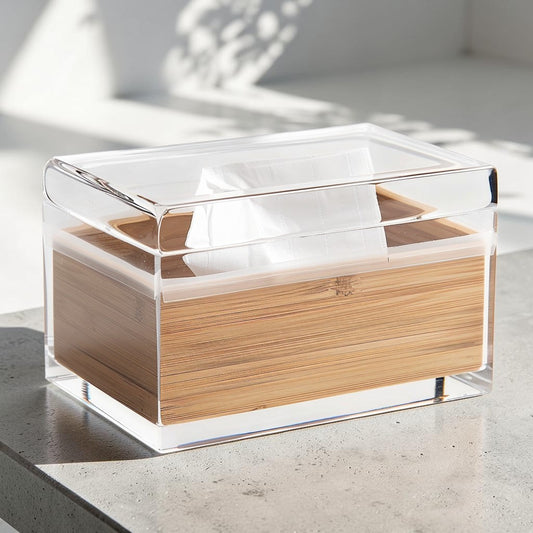 COMFOA Luxury Acrylic Tissue Box Cover with Integrated Bamboo Storage Pocket - Modern Rectangle Facial Dispenser