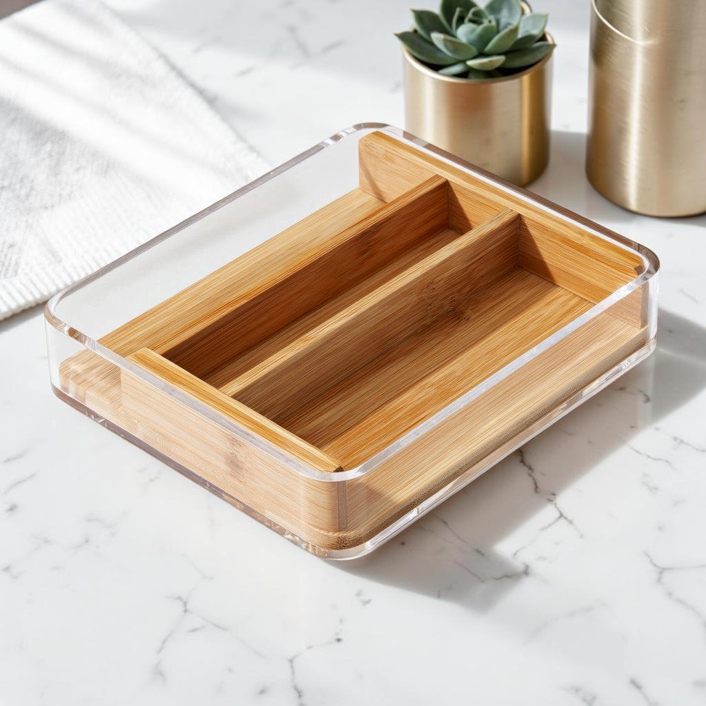 COMFOA Premium Acrylic and Bamboo Desktop Organizer - 3-Compartment Storage Box for Remotes, Stationary, and Office Supplies