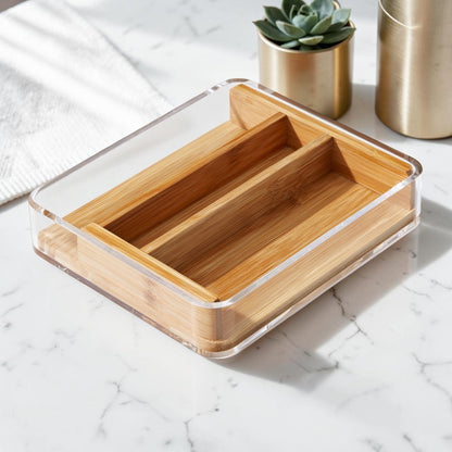 COMFOA Premium Acrylic and Bamboo Desktop Organizer - 3-Compartment Storage Box for Remotes, Stationary, and Office Supplies