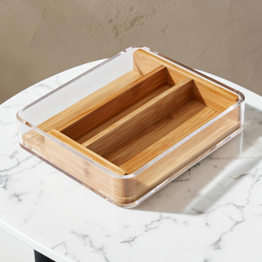 COMFOA Premium Acrylic and Bamboo Desktop Organizer - 3-Compartment Storage Box for Remotes, Stationary, and Office Supplies