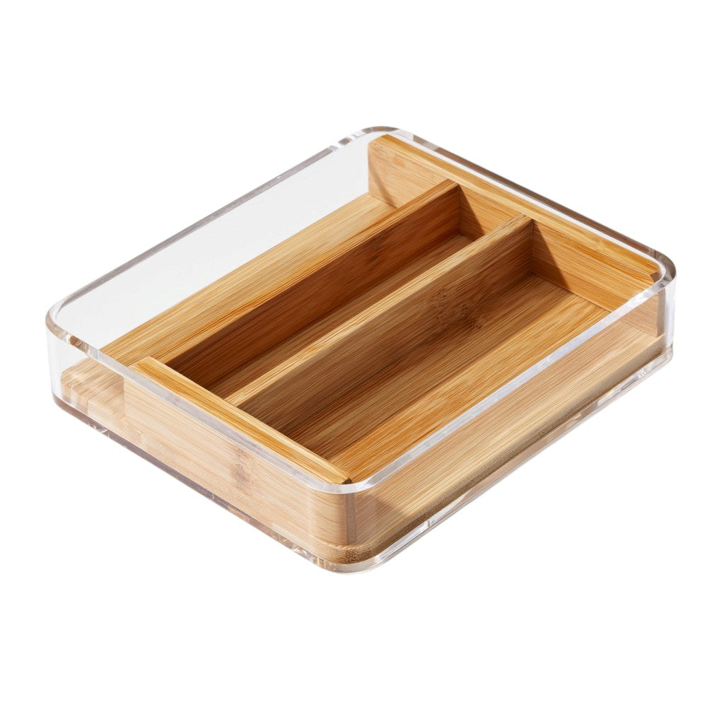 COMFOA Premium Acrylic and Bamboo Desktop Organizer - 3-Compartment Storage Box for Remotes, Stationary, and Office Supplies